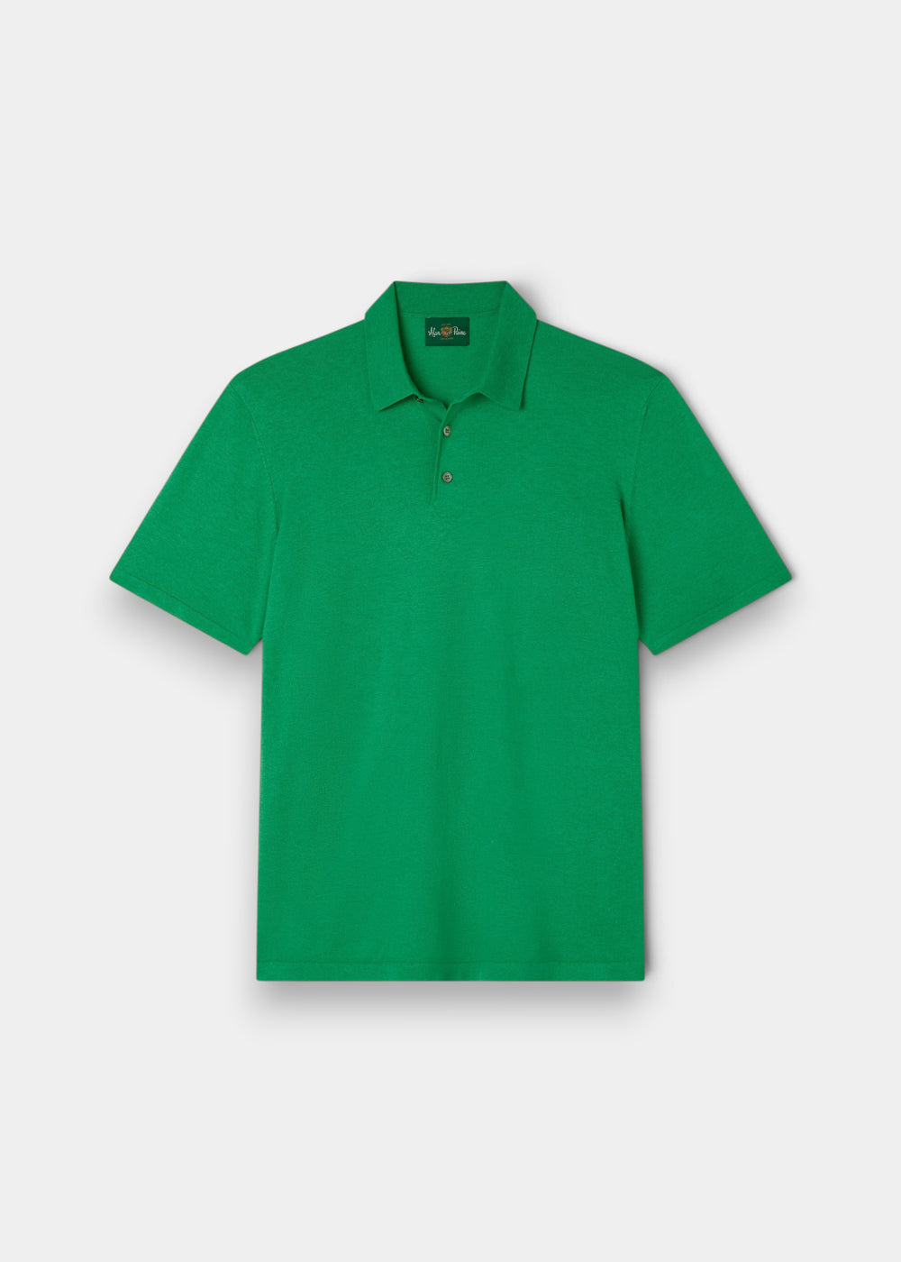 Alan Paine luxury leaf green polo shirt in a soft blend of Pima cotton, silk, and cashmere with a ribbed hem.