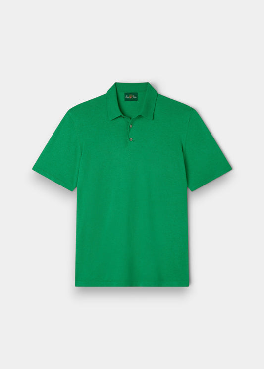 Alan Paine luxury leaf green polo shirt in a soft blend of Pima cotton, silk, and cashmere with a ribbed hem.
