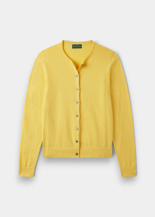 Alan Paine Daphne ladies lemon yellow button-up cardigan made from a soft pima cotton and cashmere blend.