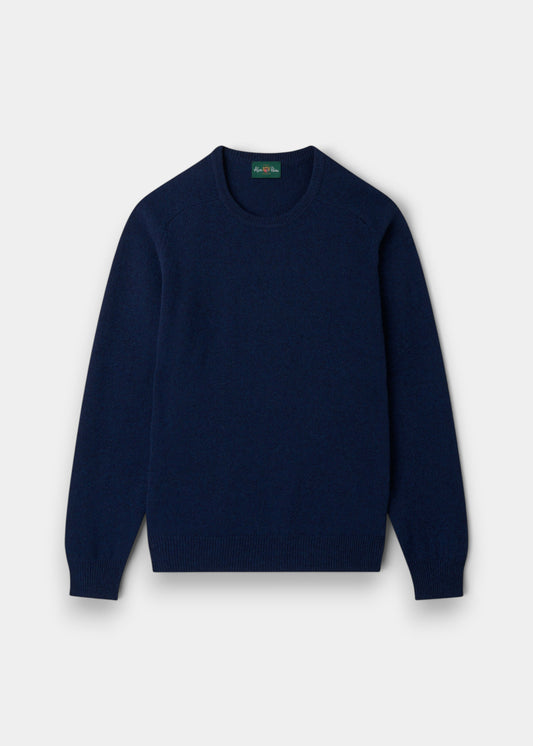 Alan Paine Lenzie indigo crew neck jumper in soft lambswool with saddle shoulder detailing and ribbed hem and cuffs.