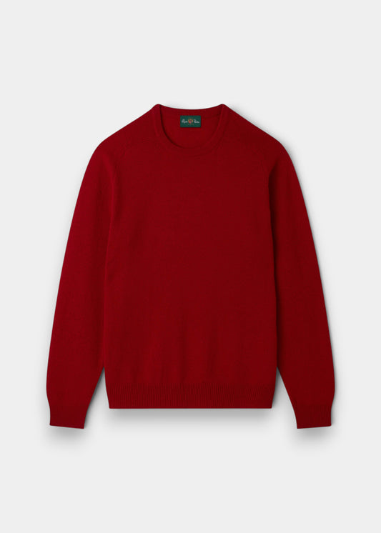 Alan Paine Lenzie men's crew neck jumper in deep red dubonnet lambswool with saddle shoulder and ribbed hem