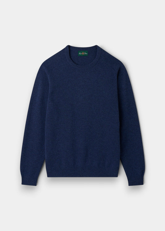 Alan Paine Lenzie men's crew neck jumper in rhapsody blue, crafted from soft lambswool with saddle shoulder detail.