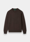 Alan Paine Lenzie men's crew neck jumper in mocha brown lambswool with saddle shoulder and ribbed hem and cuffs.