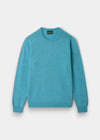 Alan Paine Lenzie men's crew neck jumper in topaz blue, crafted from 100% soft lambswool with saddle shoulder detail.