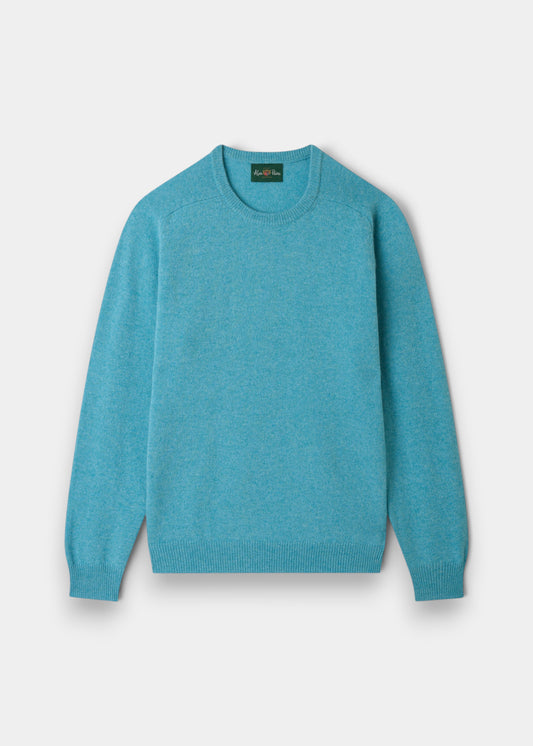 Alan Paine Lenzie men's crew neck jumper in topaz blue, crafted from 100% soft lambswool with saddle shoulder detail.