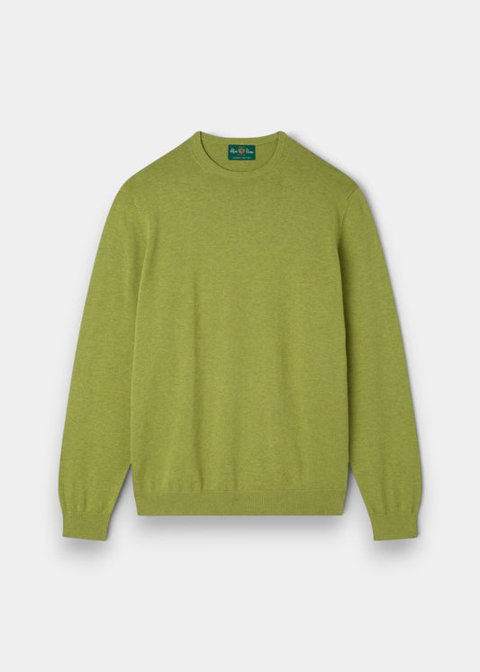Alan Paine Leysmill crew neck jumper in lichen green, crafted from a soft Pima cotton and cashmere blend.