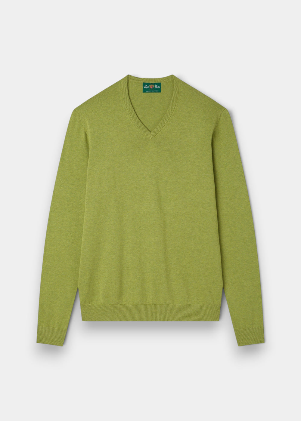 Alan Paine Rothwell v-neck jumper in lichen green, crafted from a soft Pima cotton and cashmere blend.