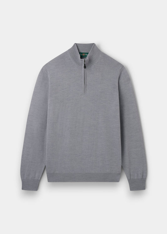 Alan Paine Barton light grey merino wool 1/4 zip mock neck jumper with ribbed hem and cuffs