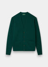 Alan Paine Cornwall classic fit v-neck cardigan in mallard green lambswool with five buttons and two jetted pockets