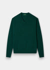 Alan Paine Kilsyth men's V-neck jumper in mallard green, crafted from soft 100% lambswool with ribbed hem and cuffs.