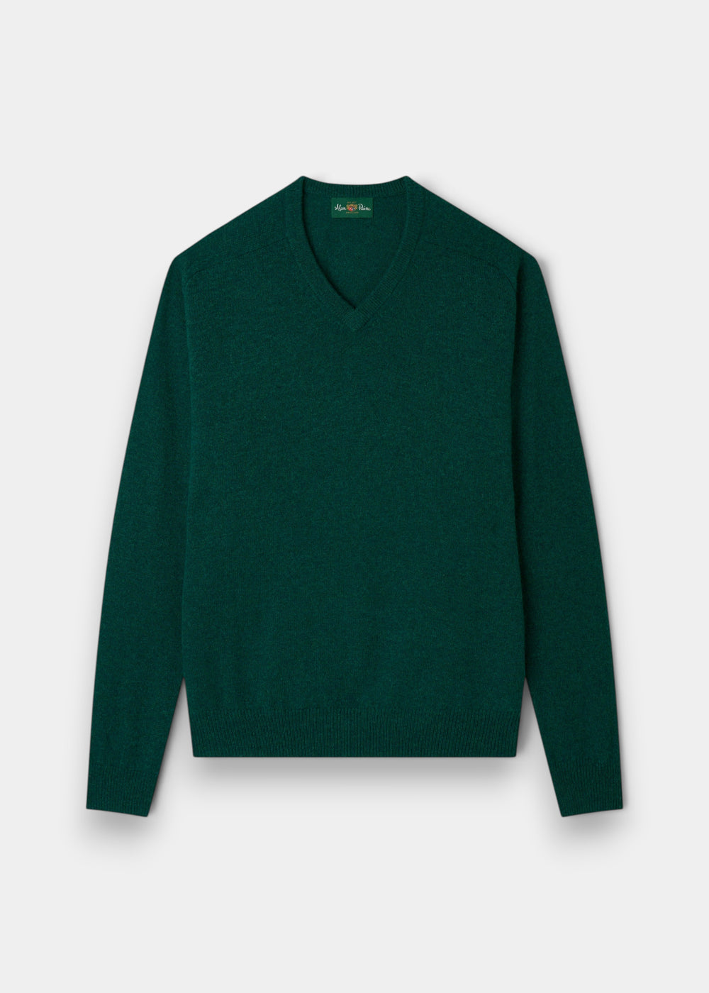 Kilsyth Lambswool V-Neck Jumper in Mallard, regular fit, shown with long sleeves flat on a white background.