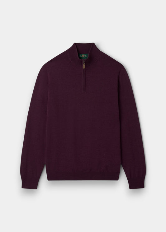 Alan Paine Barton black grape merino wool 1/4 zip mock neck jumper with ribbed hem and cuffs