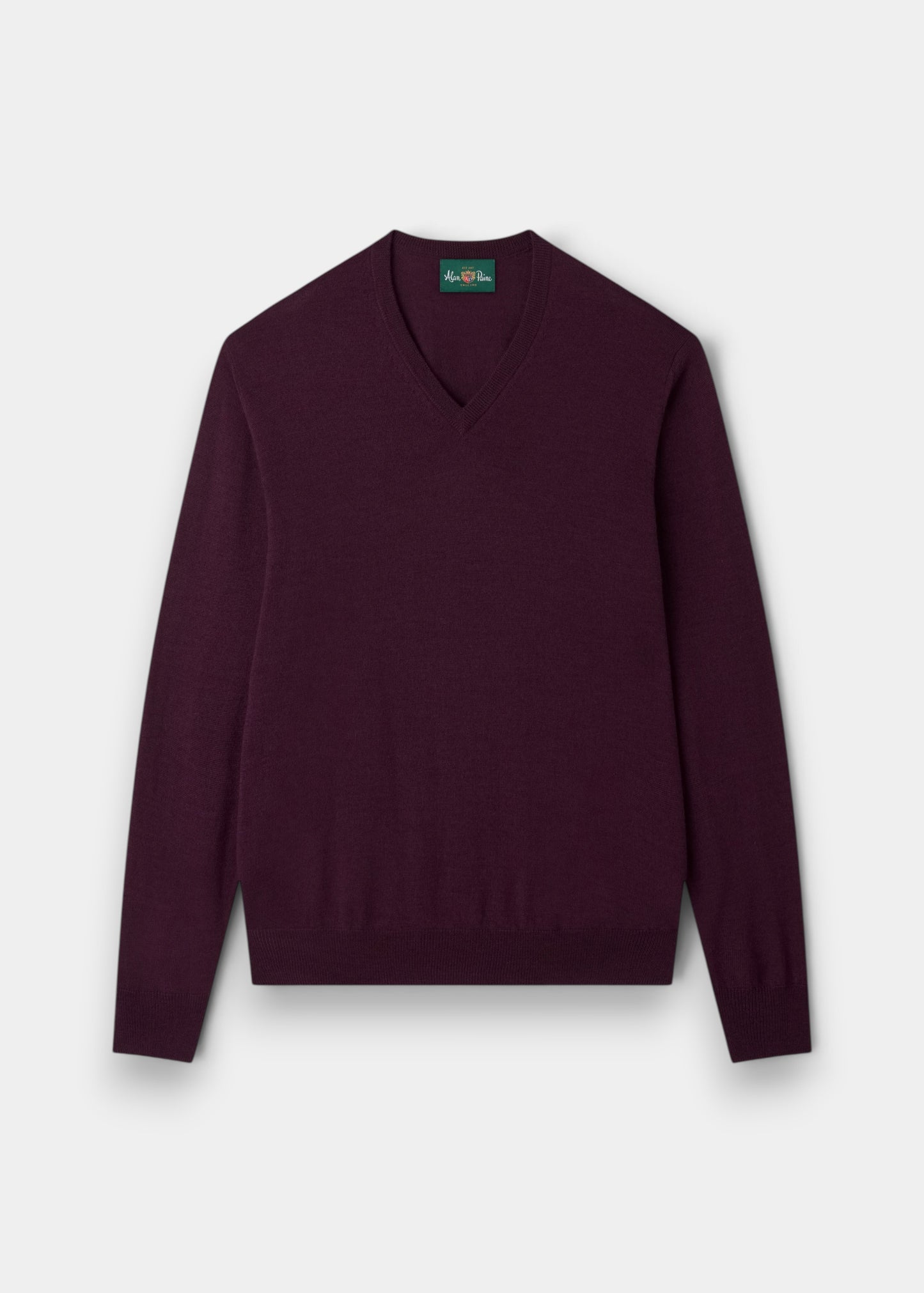 Alan Paine Millbreck v-neck jumper in black grape merino wool with ribbed hem and cuffs