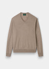 Alan Paine Millbreck cobble beige v-neck jumper in fine Italian merino wool with ribbed hem and cuffs