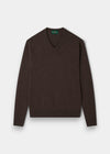 Alan Paine mocha brown V-neck jumper in soft lambswool with traditional saddle shoulder and ribbed hem