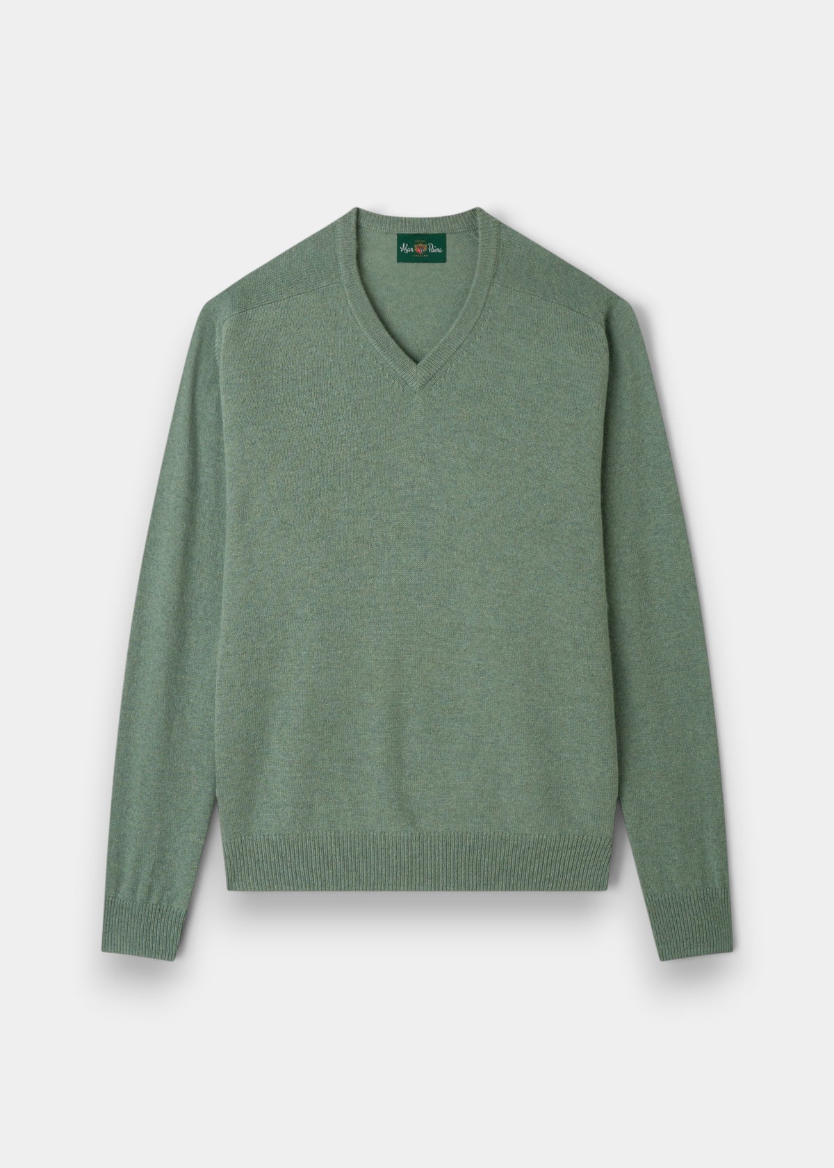 Hampshire Lambswool V-Neck Jumper in Mojito, classic fit, with ribbed cuffs and hem, shown flat on white background.