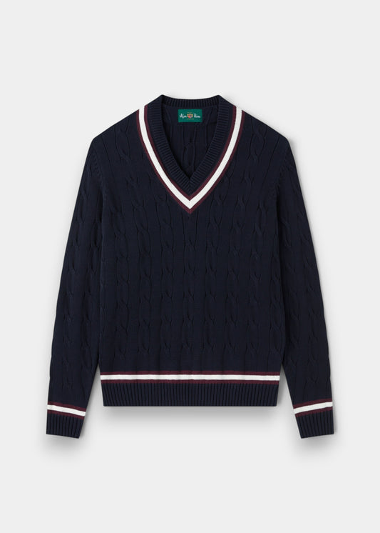Alan Paine dark navy cotton cable knit cricket jumper with blackcurrant and white V-neck and hem trim