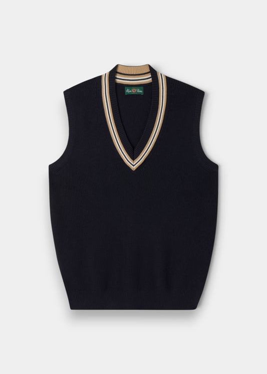 Alan Paine ladies dark navy cotton cricket slipover with pine nut and ecru v-neck trim in half cardigan stitch