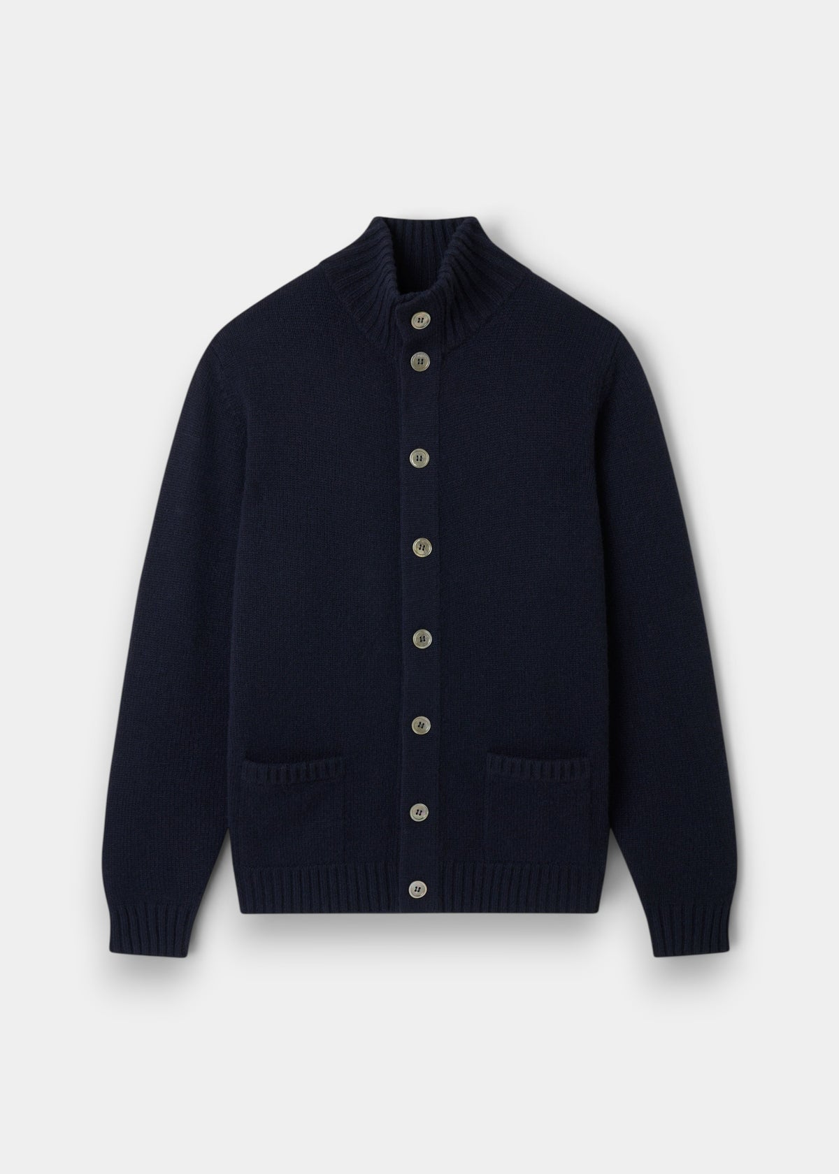 Landford Lambswool Buttoned Mock Neck Jumper in Navy, regular fit, with ribbed trim and two front pockets.