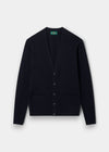 Alan Paine navy blue lambswool cardigan with a V-neck, five-button front, and two jetted pockets in a classic fit.