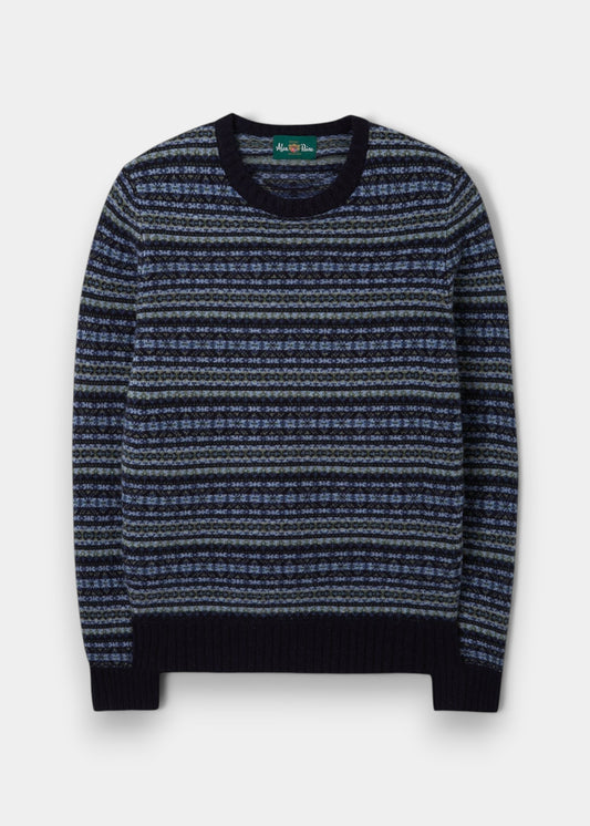 Alan Paine navy lambswool jumper featuring a traditional Fair Isle pattern with ribbed cuffs and hem.