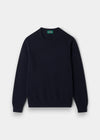 Alan Paine navy crew neck jumper in soft lambswool with ribbed hem and cuffs and semi-saddle shoulder shaping.
