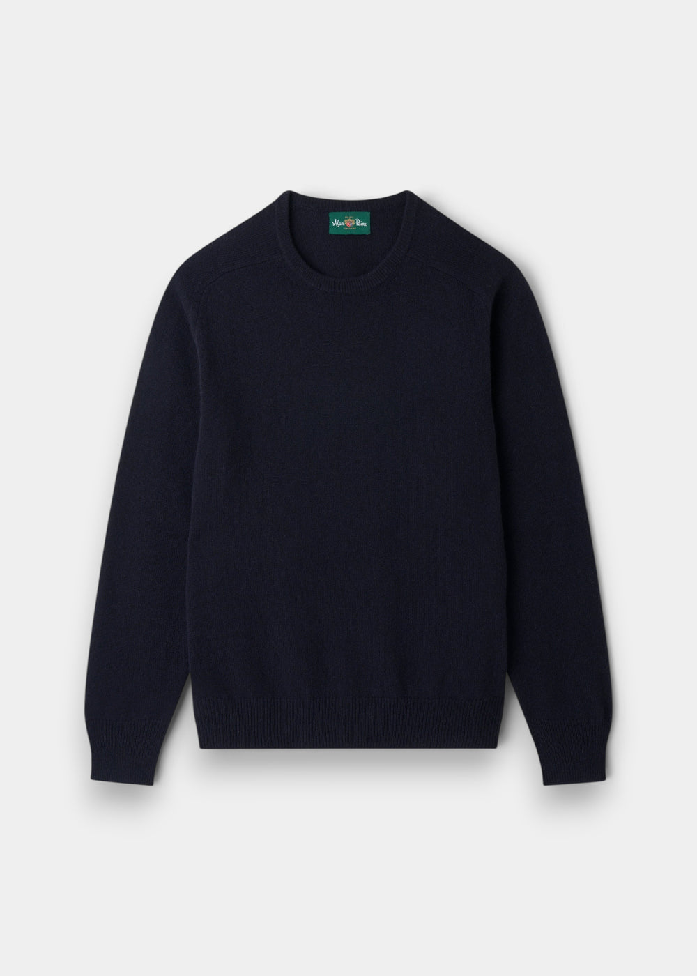 Alan Paine navy crew neck jumper in soft lambswool with ribbed hem and cuffs and semi-saddle shoulder shaping.