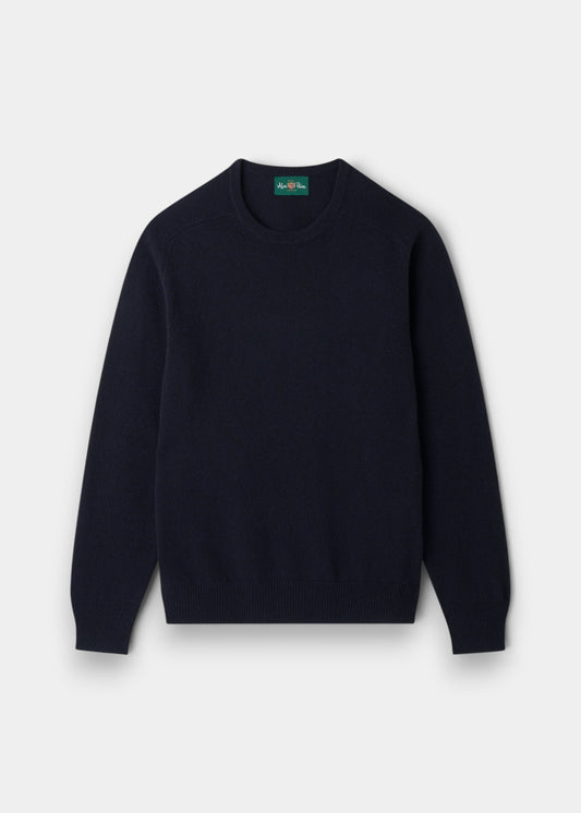 Alan Paine navy crew neck jumper in soft lambswool with ribbed hem and cuffs and semi-saddle shoulder shaping.