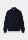 Alan Paine navy lambswool quarter zip jumper with a mock neck, ribbed hem, and leather zip pull detail.