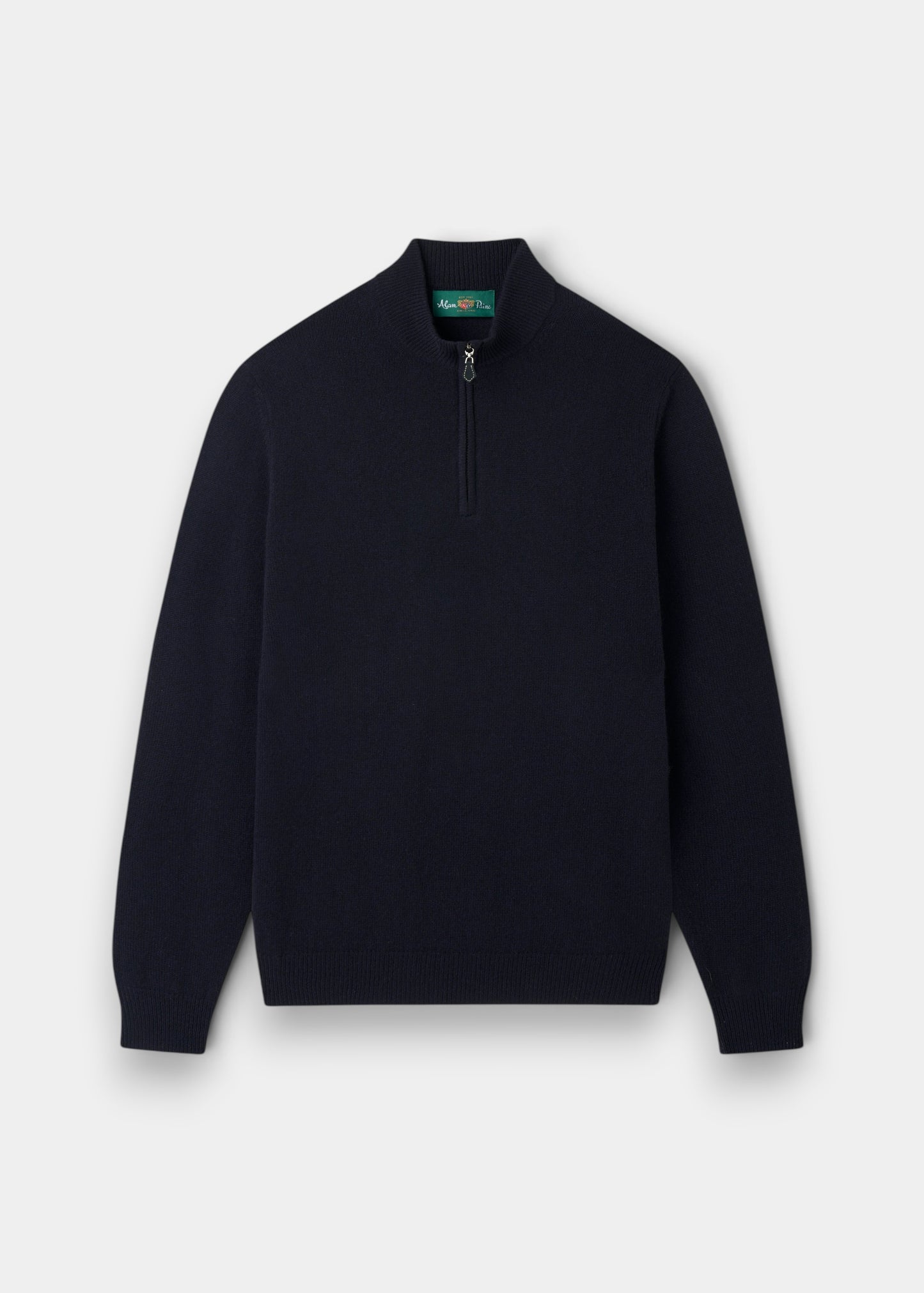 Alan Paine navy lambswool quarter zip jumper with a mock neck, ribbed hem, and leather zip pull detail.