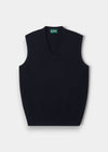 Alan Paine navy lambswool slipover with a classic fit, v-neck, and ribbed hem, perfect for layering.