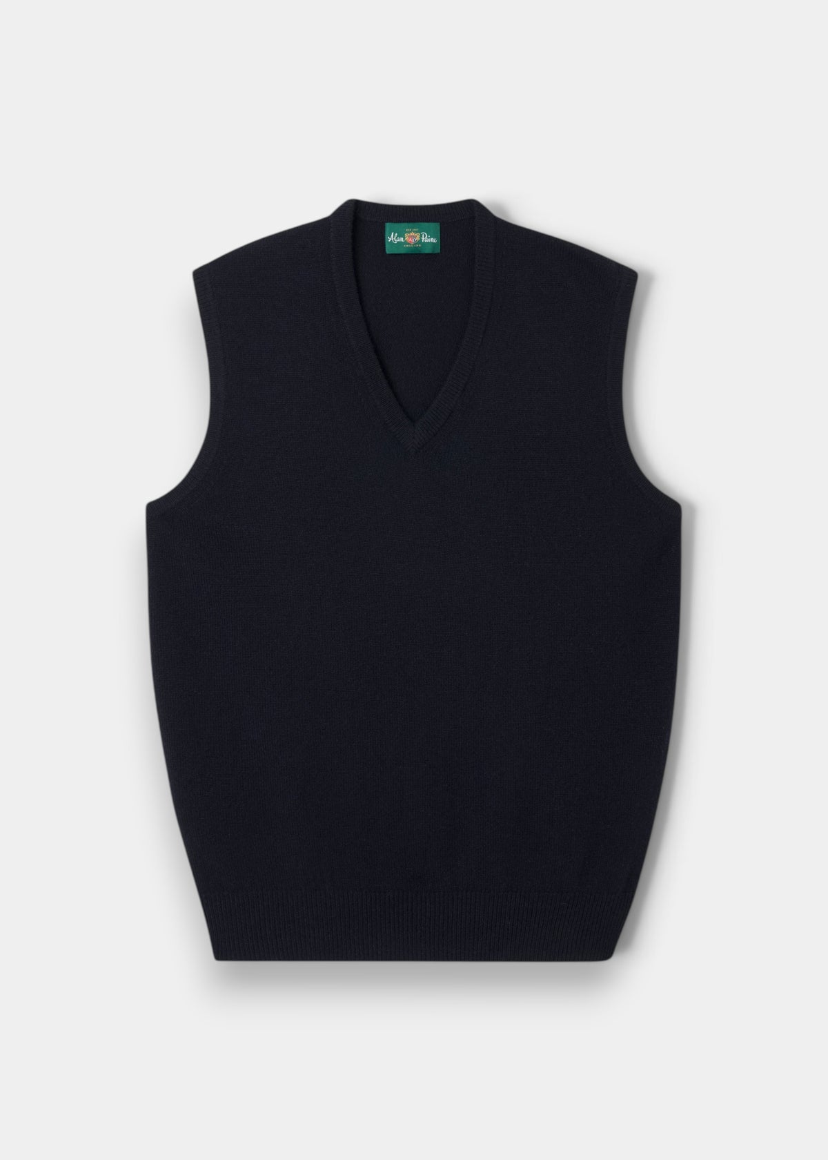 Alan Paine navy lambswool slipover with a classic fit, v-neck, and ribbed hem, perfect for layering.