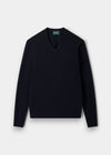 Alan Paine navy V-neck jumper in soft lambswool with a classic fit, saddle shoulders, and ribbed cuffs and hem.