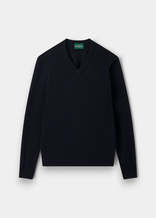 Alan Paine navy V-neck jumper in soft lambswool with a classic fit, saddle shoulders, and ribbed cuffs and hem.