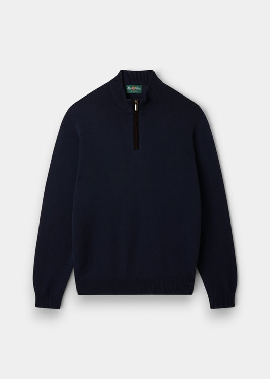 Alan Paine dark navy men's 1/4 zip jumper in fine Italian Merino wool with a suede placket and ribbed trim