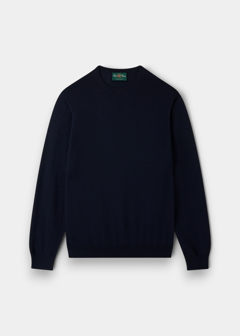 Alan Paine Radstone men's crew neck jumper in dark navy made from 100% fine Italian merino wool with ribbed cuffs.