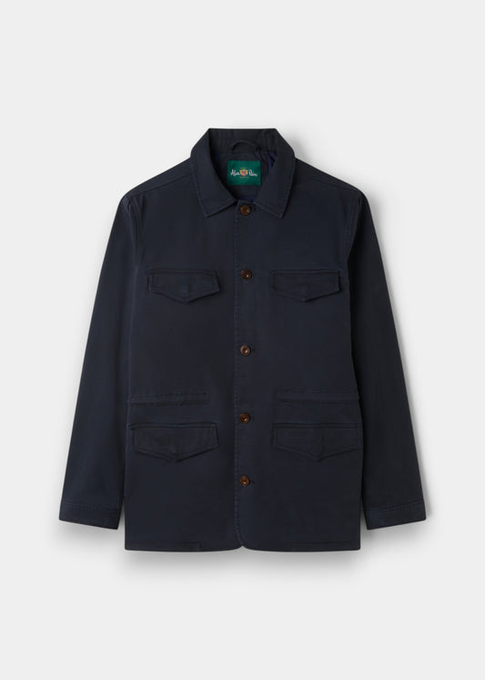 Alan Paine Rockmere men's navy safari jacket with four front pockets, corozo buttons, and a classic collar.