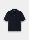 Alan Paine dark navy textured cotton cashmere polo shirt with a striped tipped collar and three-button placket.