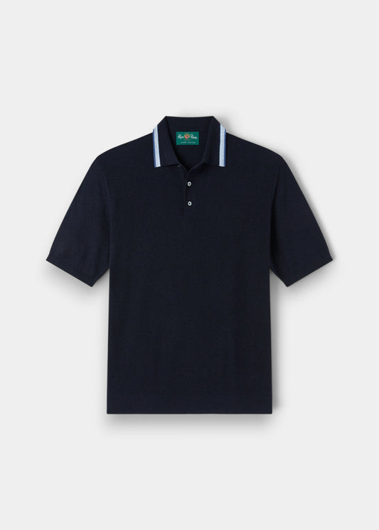 Alan Paine dark navy textured cotton cashmere polo shirt with a striped tipped collar and three-button placket.