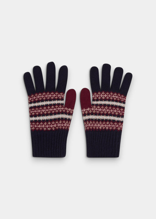 Alan Paine Imogen ladies navy knitted wool gloves featuring a decorative Fair Isle pattern in burgundy and cream.