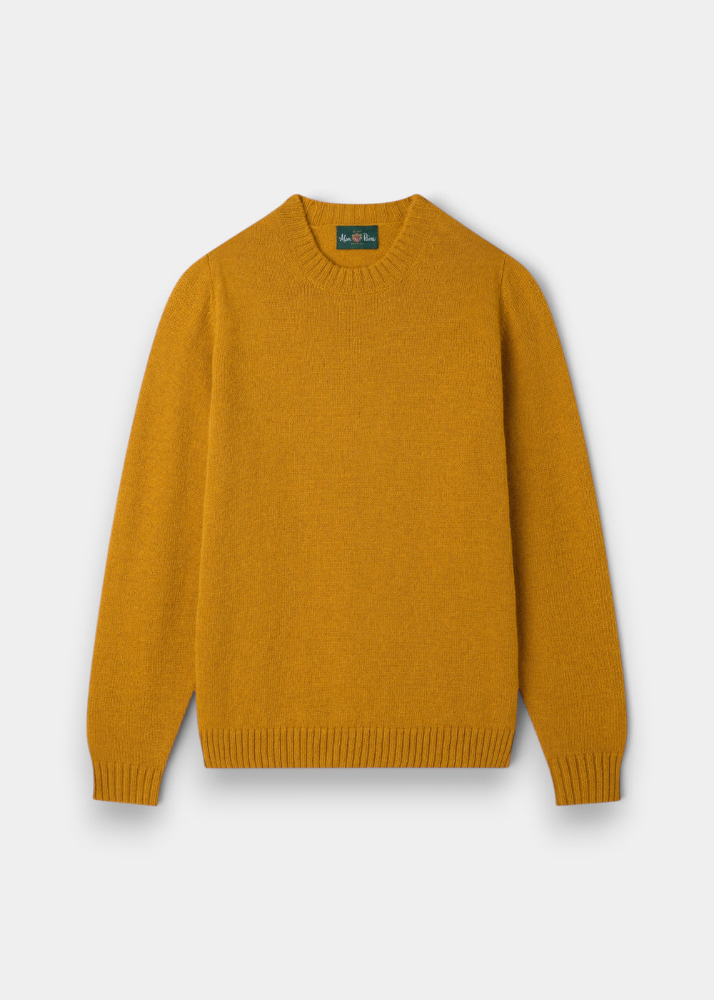 Kinnadie Supersoft Shetland Wool Crew Neck Jumper in Old Gold (Regular Fit) is laid flat on a white background.