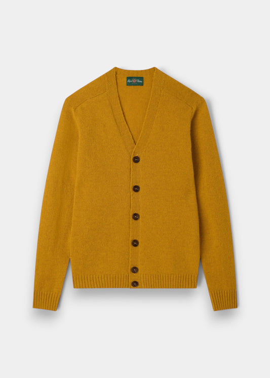 Alan Paine Kinloch men's Shetland wool cardigan in old gold with a V-neck, button front, and ribbed hem and cuffs.