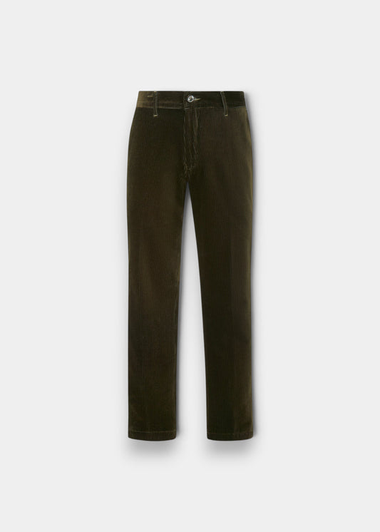 Alan Paine men's olive cotton corduroy trousers with a classic button fly and textured cord finish.