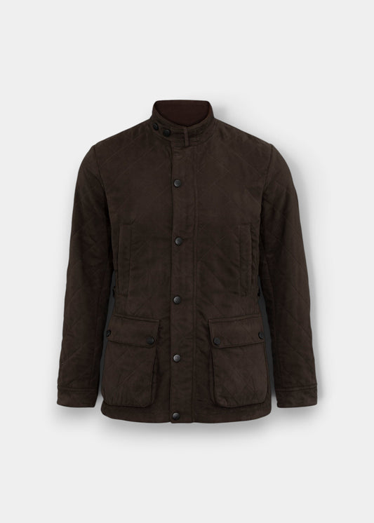 Alan Paine Felwell children's olive quilted jacket with a water-repellent finish, hand-warmer pockets, and stud closure.