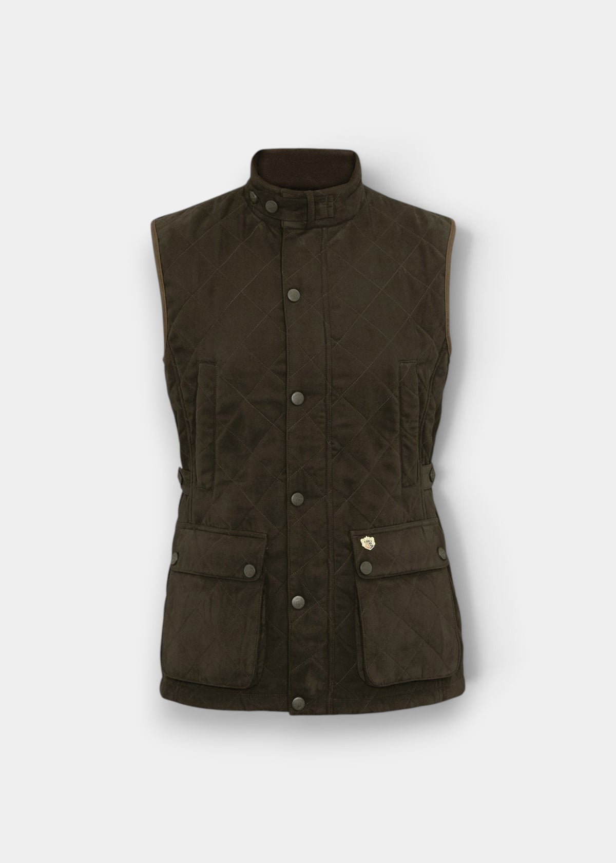 Felwell Men’s Waistcoat in olive with snap buttons, stand-up collar, flap pockets, and gold emblem on the pocket.