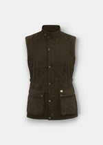 Alan Paine Felwell men's olive quilted waistcoat with a studded placket, bellows pockets, and fleece-lined collar.