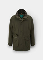 Alan Paine Dunswell waterproof field coat in olive with shooting fit, featuring cartridge pockets and storm cuffs.