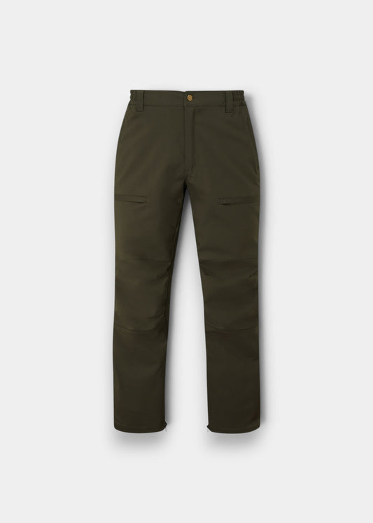 Alan Paine Dunswell men's olive waterproof trousers with zip-secured pockets and elasticated waistband.
