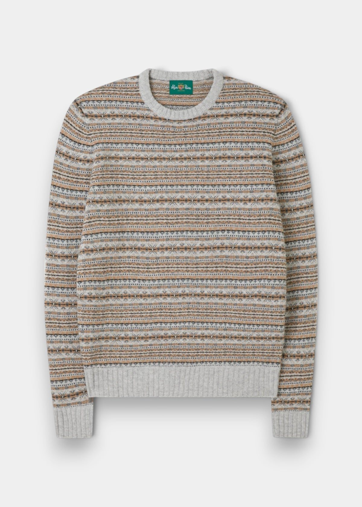 Alan Paine pearl grey lambswool jumper with a traditional Fair Isle pattern, ribbed cuffs, and a crew neckline.