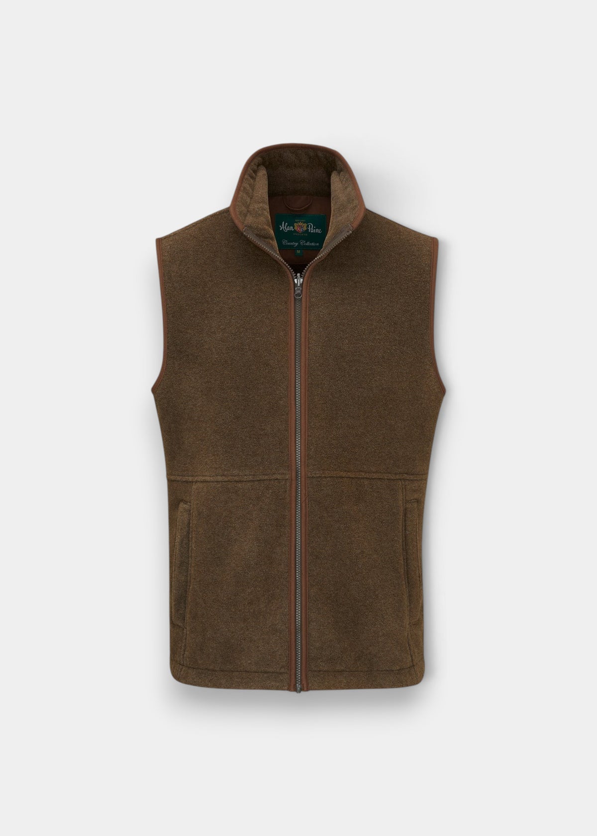 Aylsham Children’s Fleece Waistcoat in Pecan with two pockets, shown on a plain light gray background.